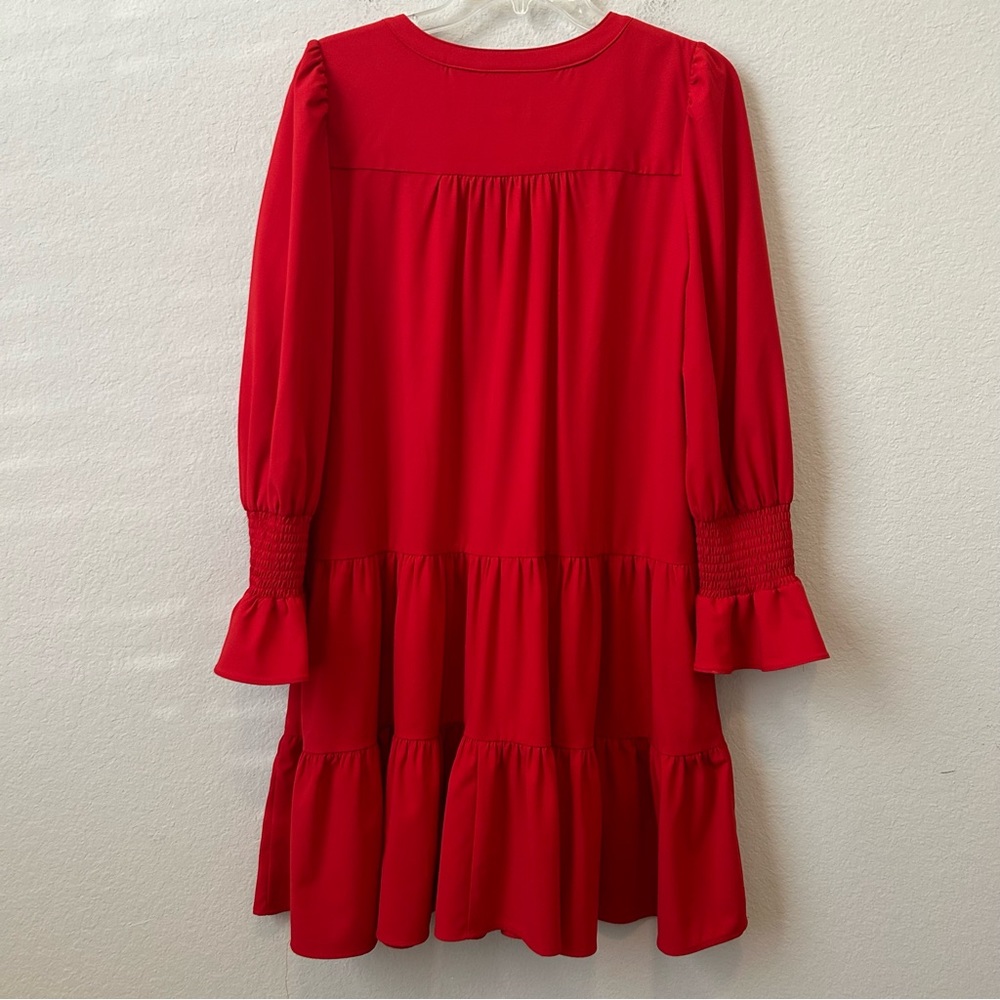 Tuckernot Pomander Place Red Crepe Kenzo Ruffle via-neck long sleeve Dress Sz L - Picture 12 of 16